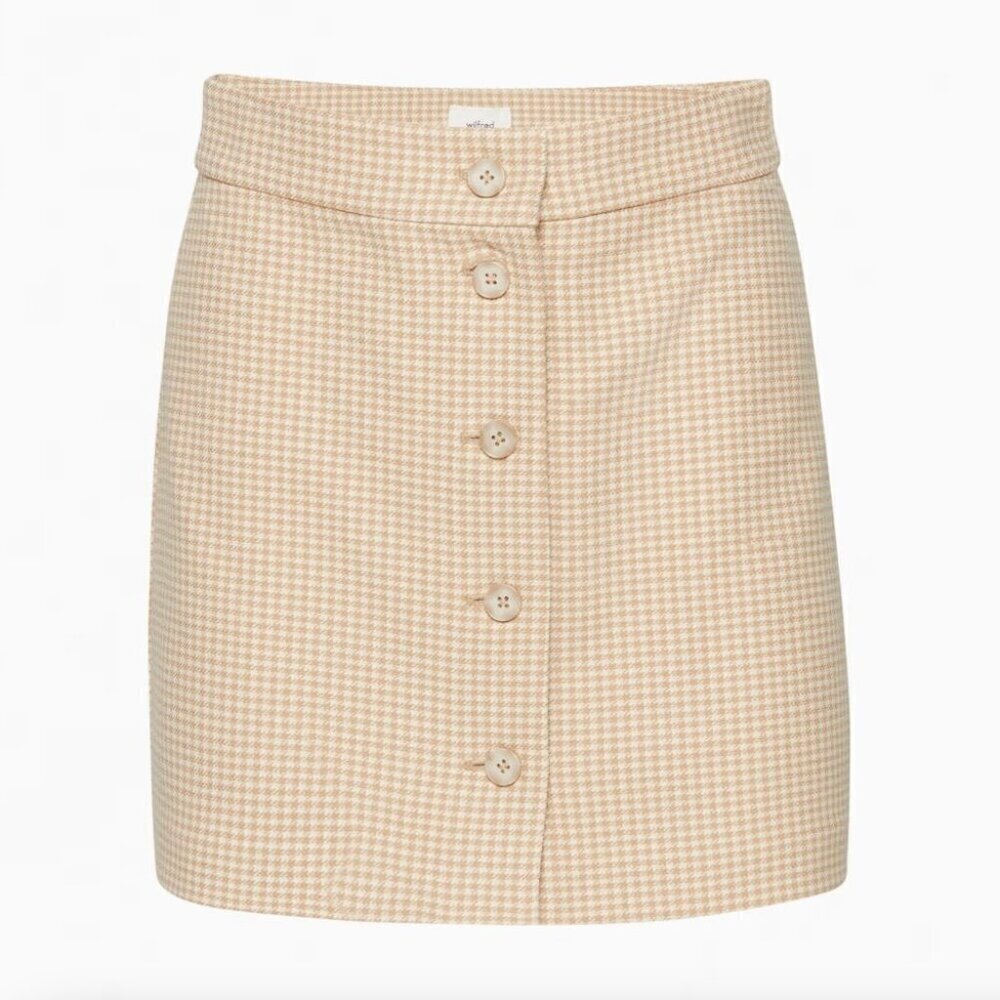 Aritzia Wilfred High Waisted Button Up Plaid Tai Skirt Beige Check Size 6